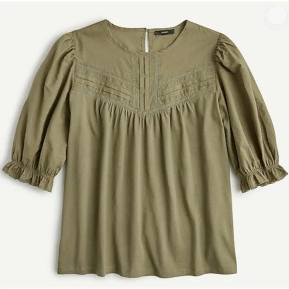 J. Crew Puff‎ Sleeve Woven Lace Top Olive Green XXS